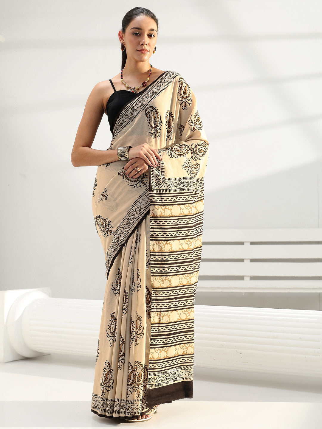  Beige Paisley Printed Cotton Saree 