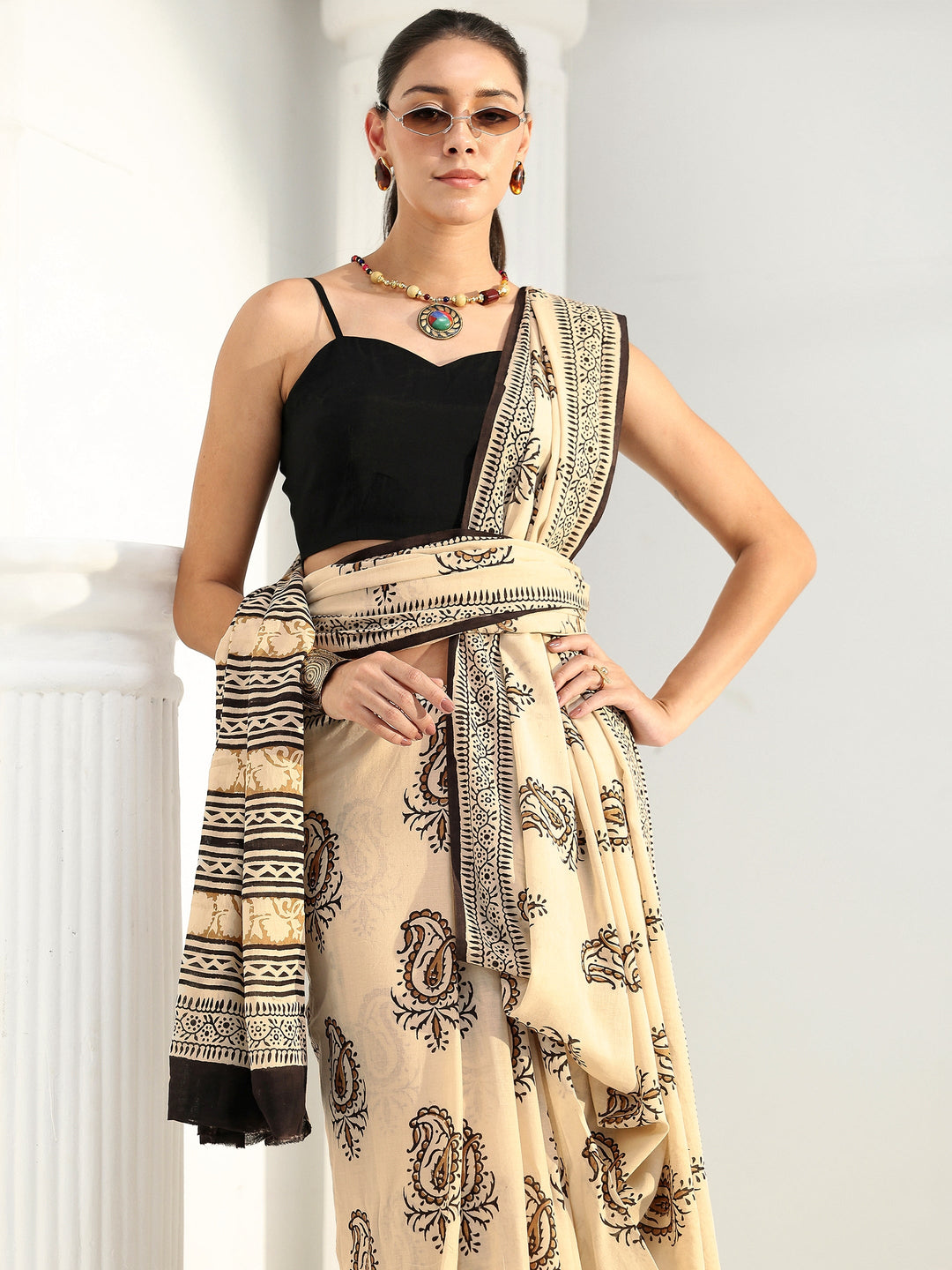  Beige Paisley Printed Cotton Saree 