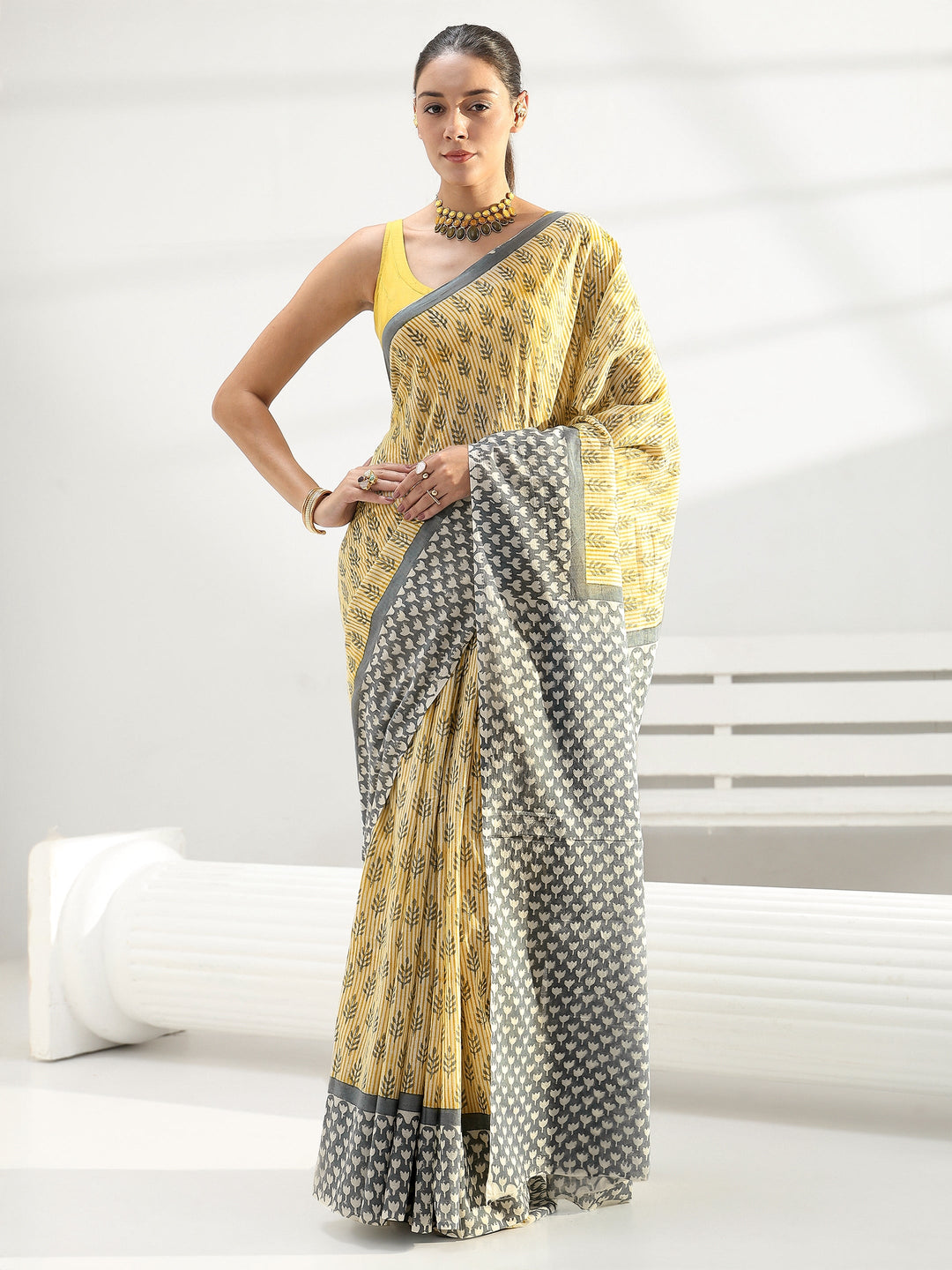  Yellow Floral Printed Cotton Saree 