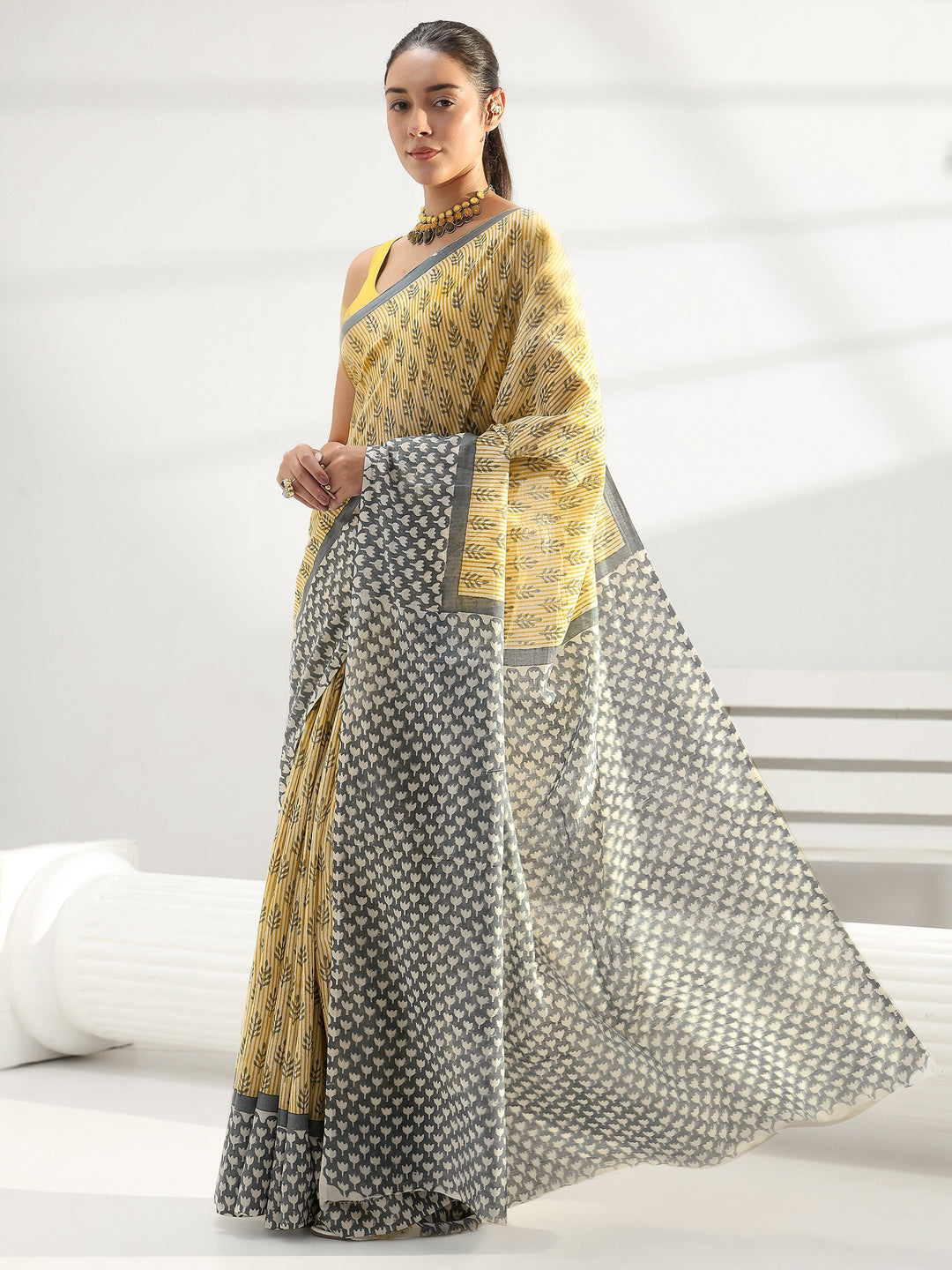  Yellow Floral Printed Cotton Saree 