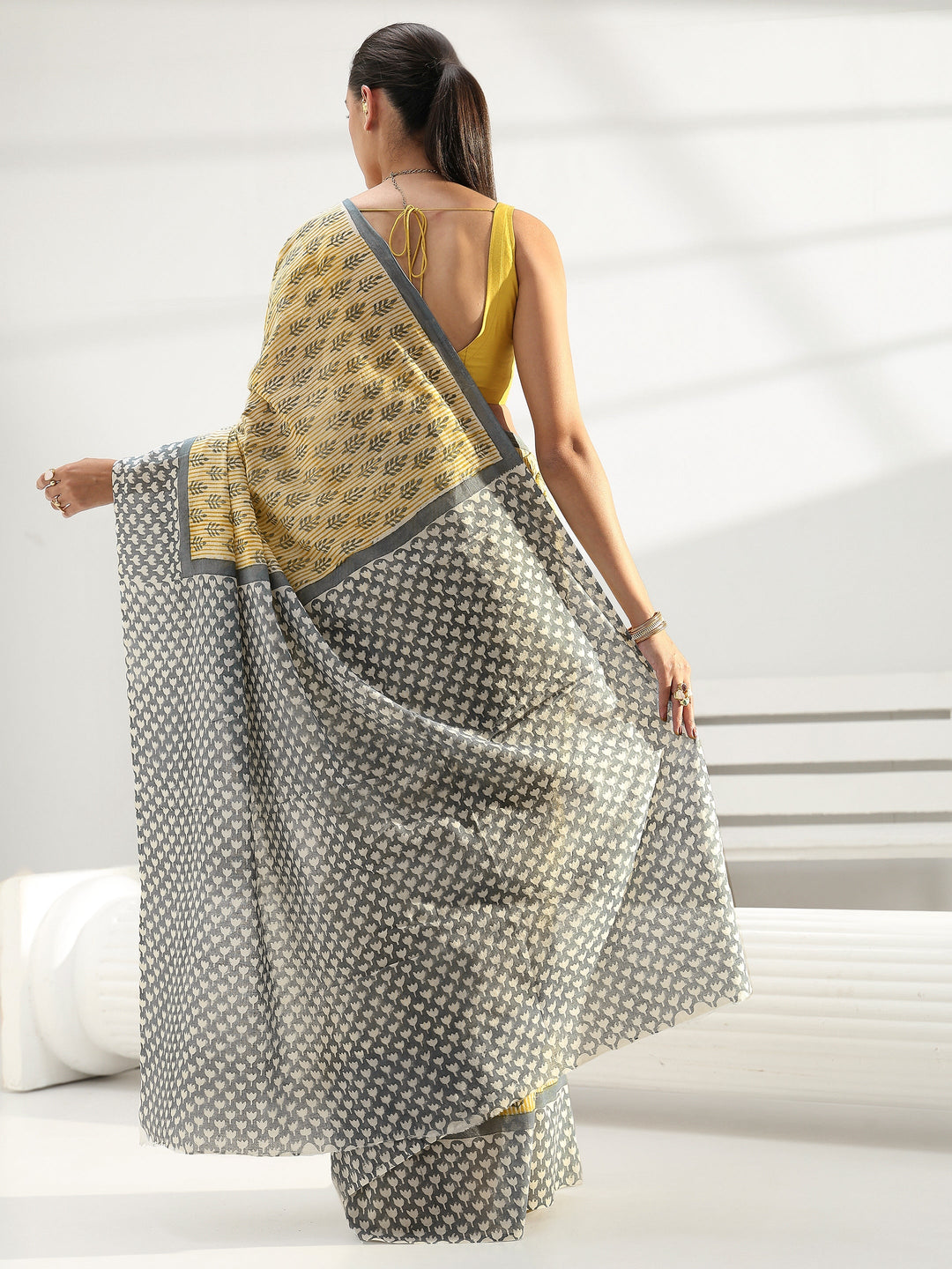  Yellow Floral Printed Cotton Saree 