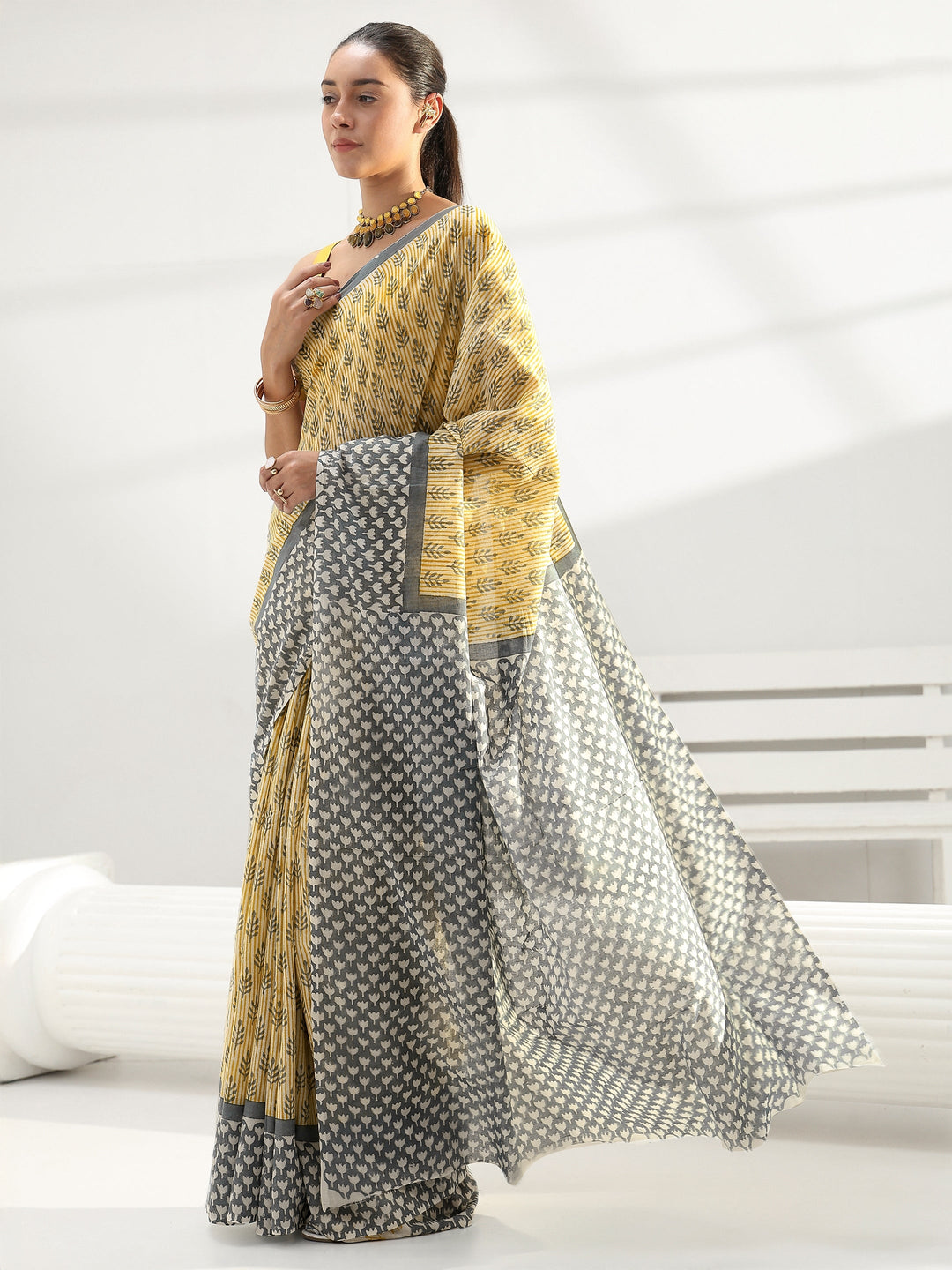  Yellow Floral Printed Cotton Saree 