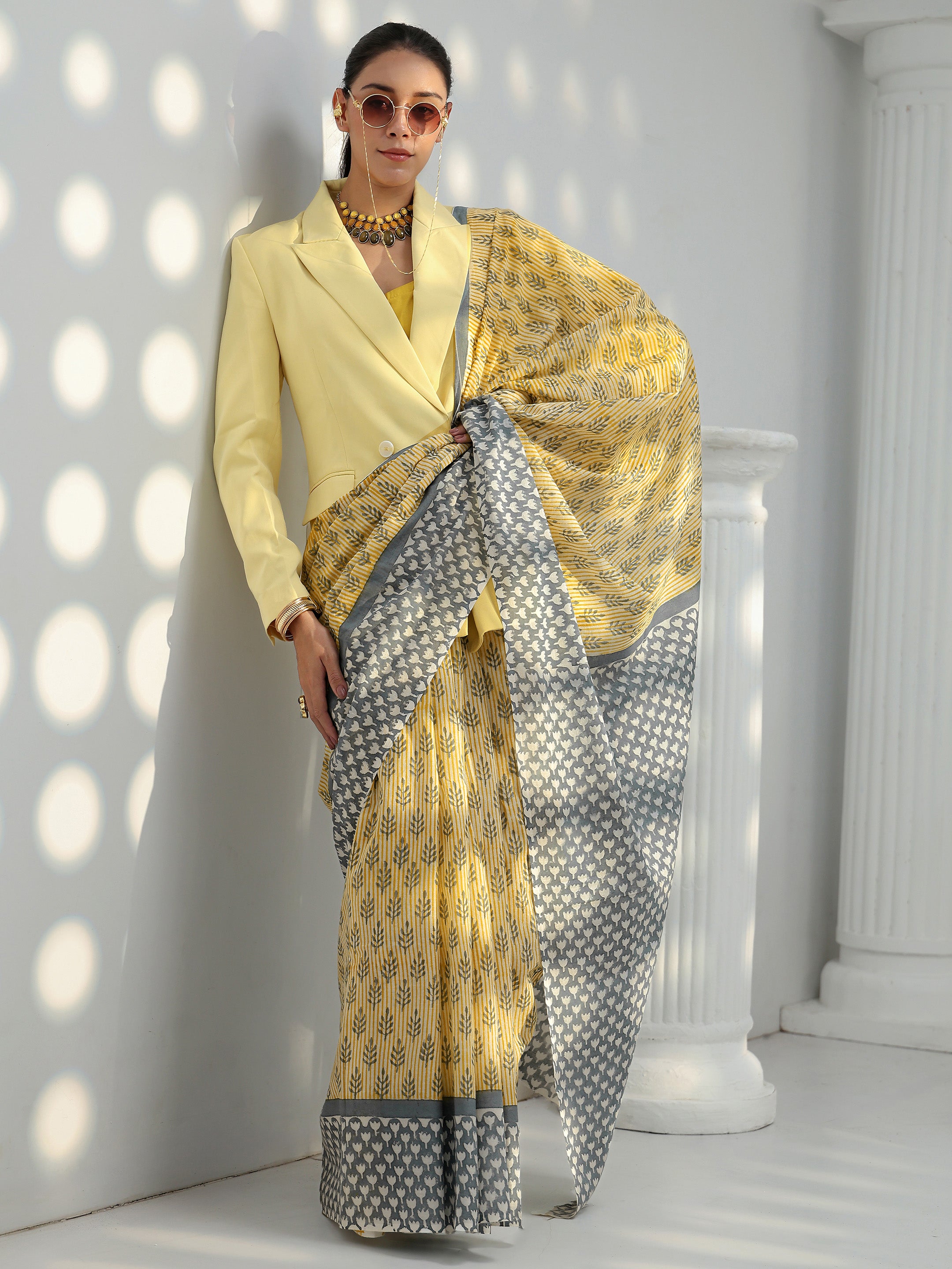 Light Yellow Sanganeri Print Cotton Saree-image-4