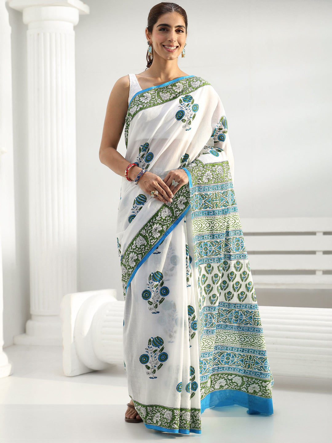  White Floral Printed Cotton saree 