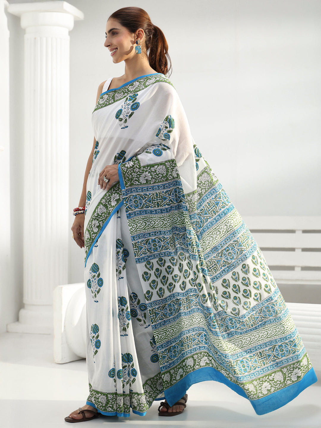  White Floral Printed Cotton saree 