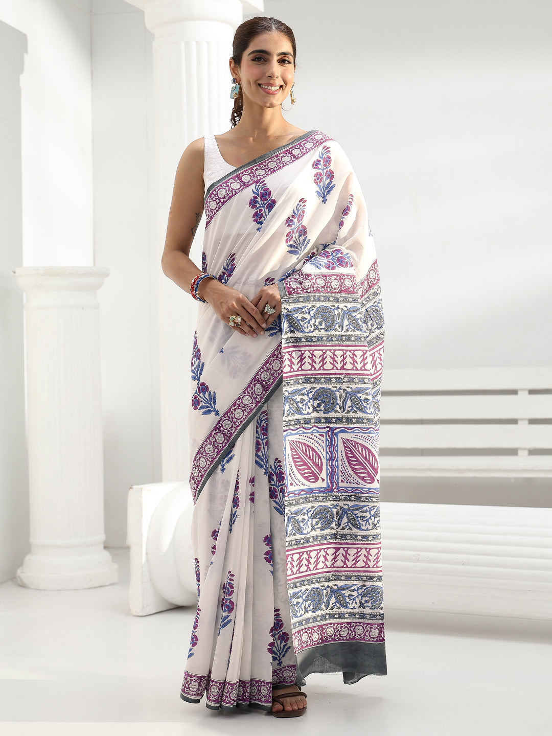  White Floral Printed Cotton Saree 