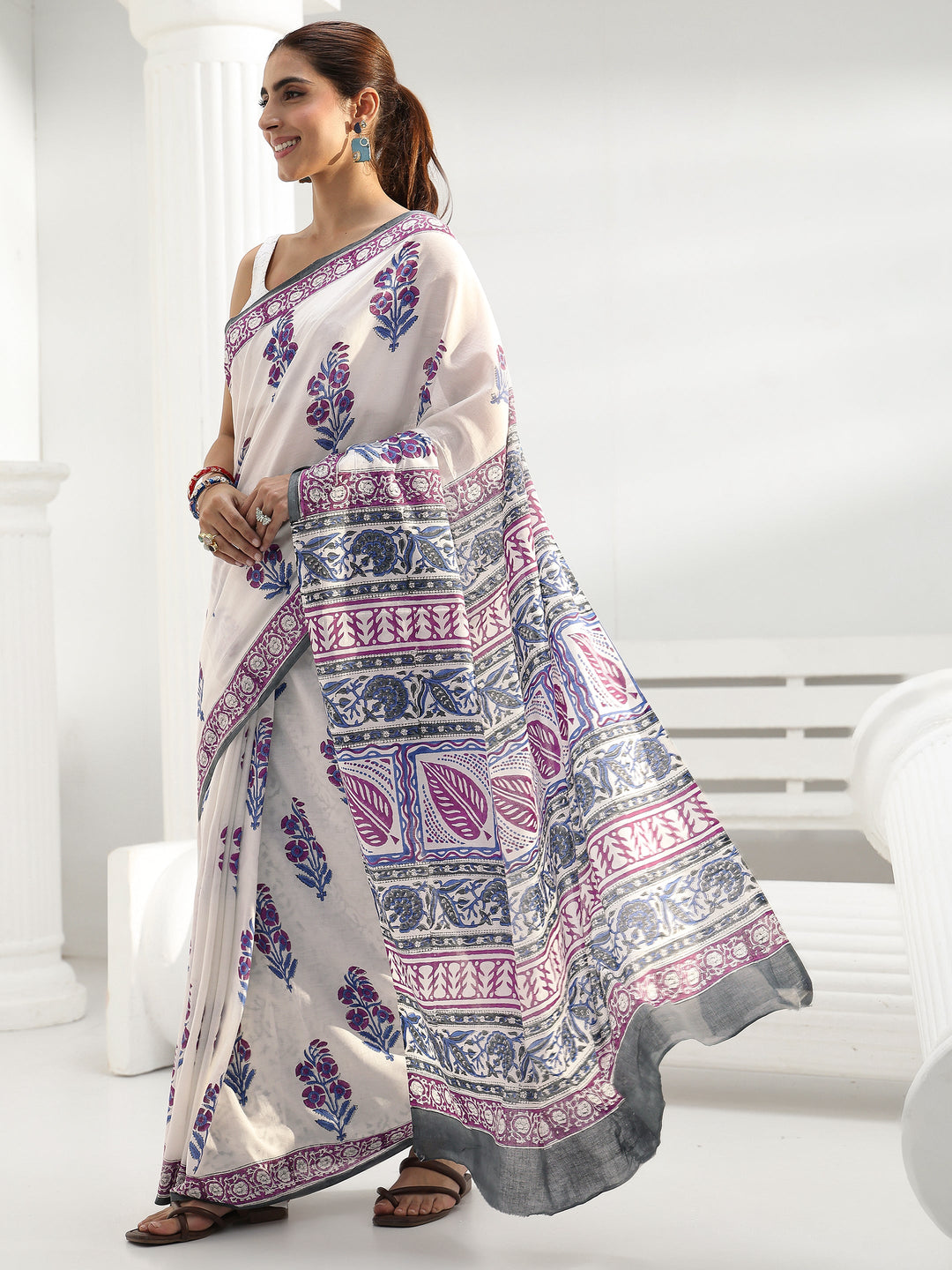  White Floral Printed Cotton Saree 