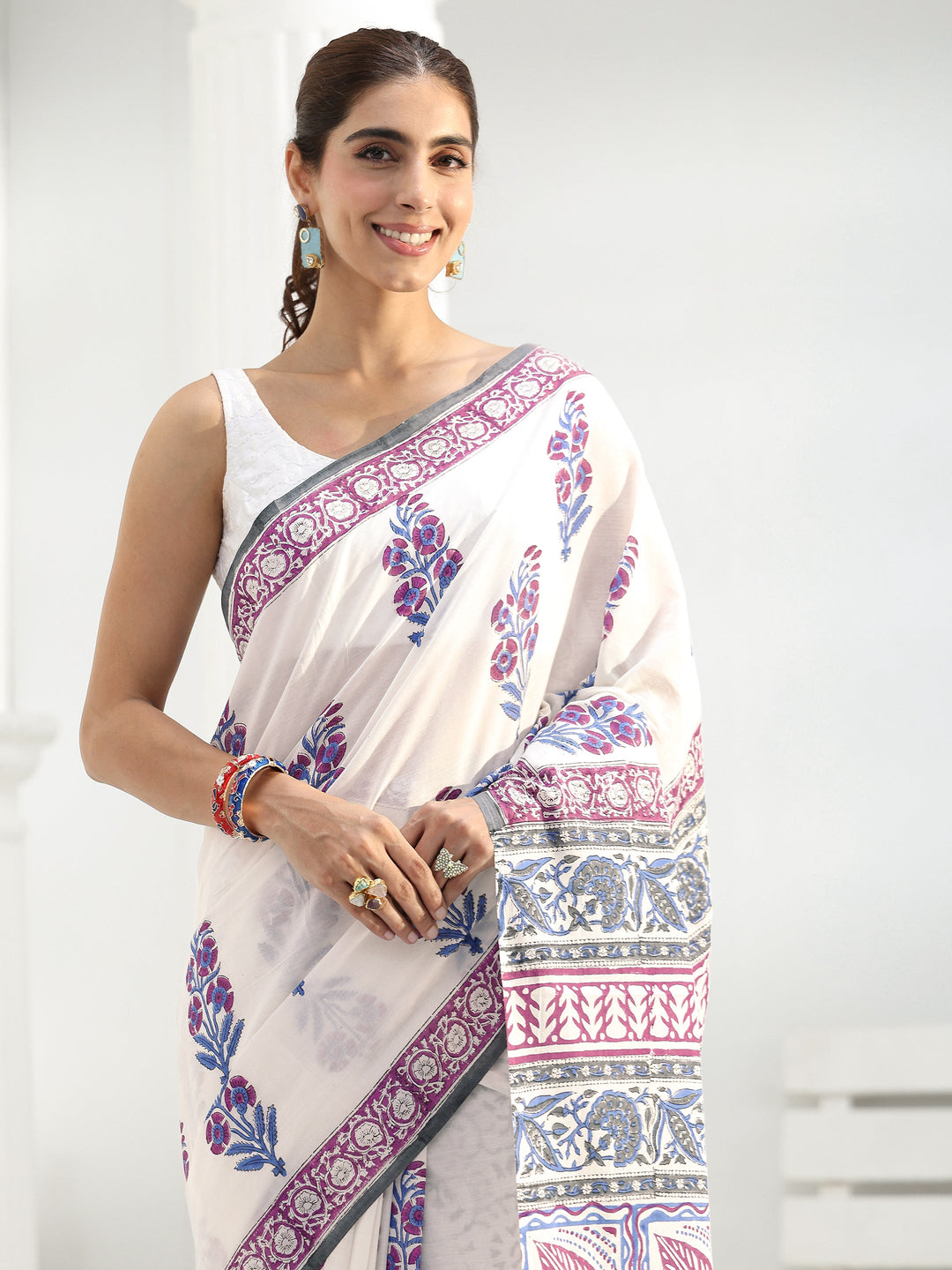  White Floral Printed Cotton Saree 