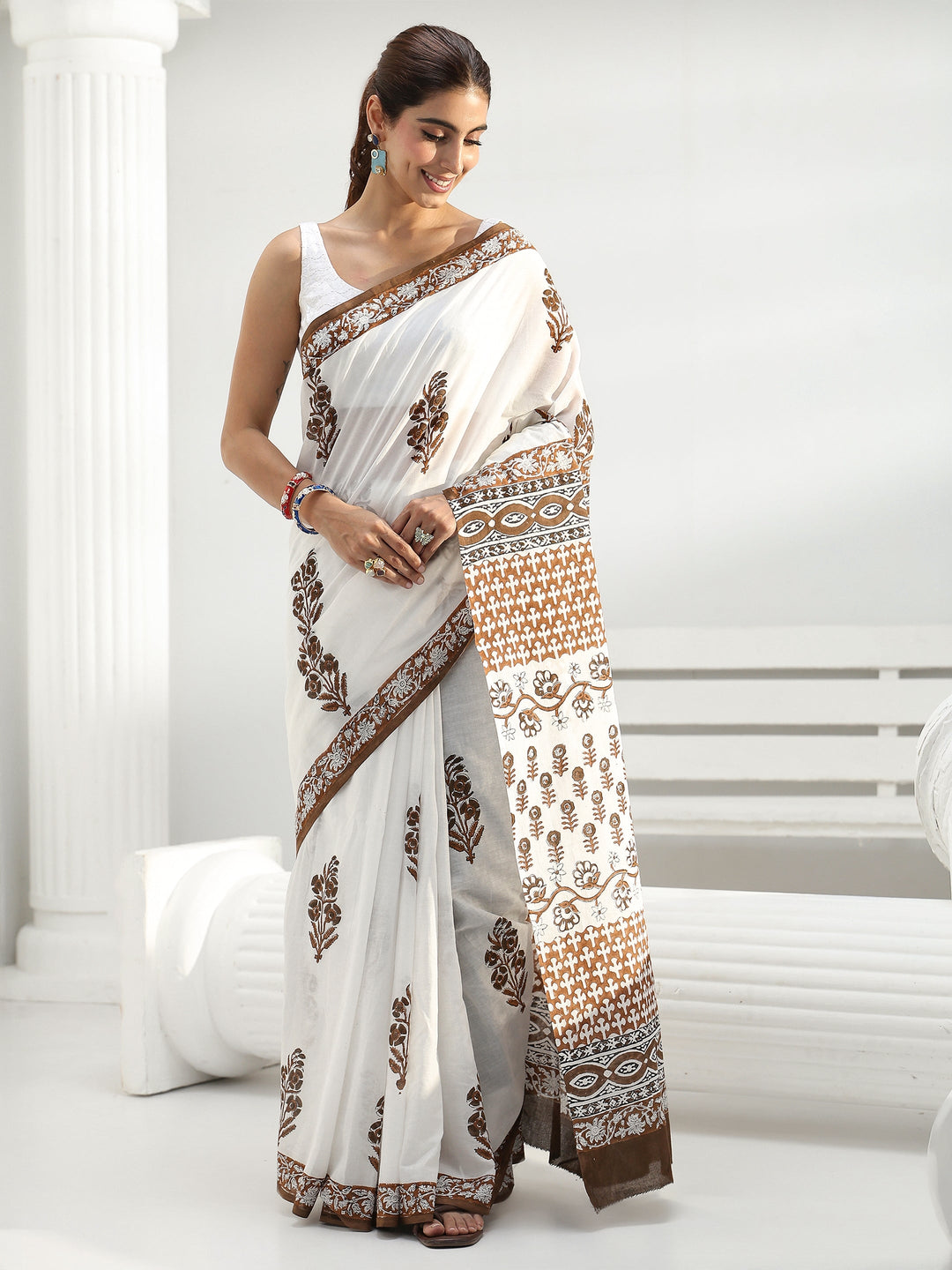  White Floral Printed Cotton saree 