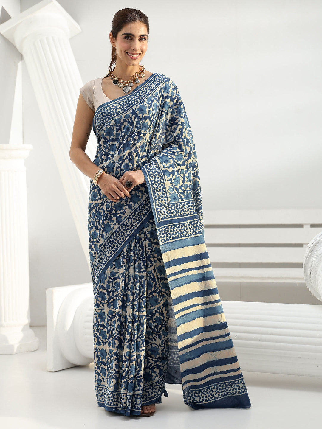  Blue Abstract Printed Cotton saree 