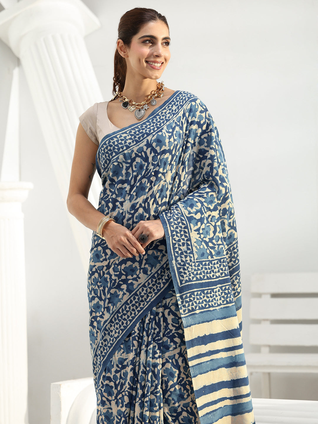  Blue Abstract Printed Cotton saree 