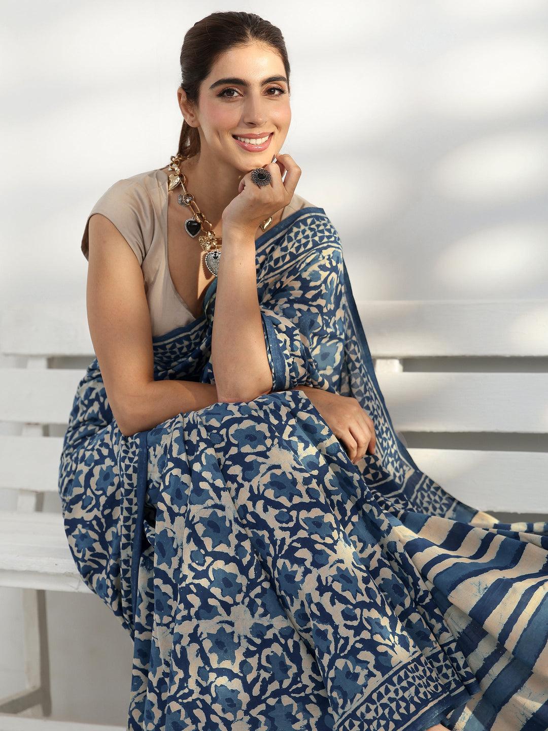  Blue Abstract Printed Cotton saree 