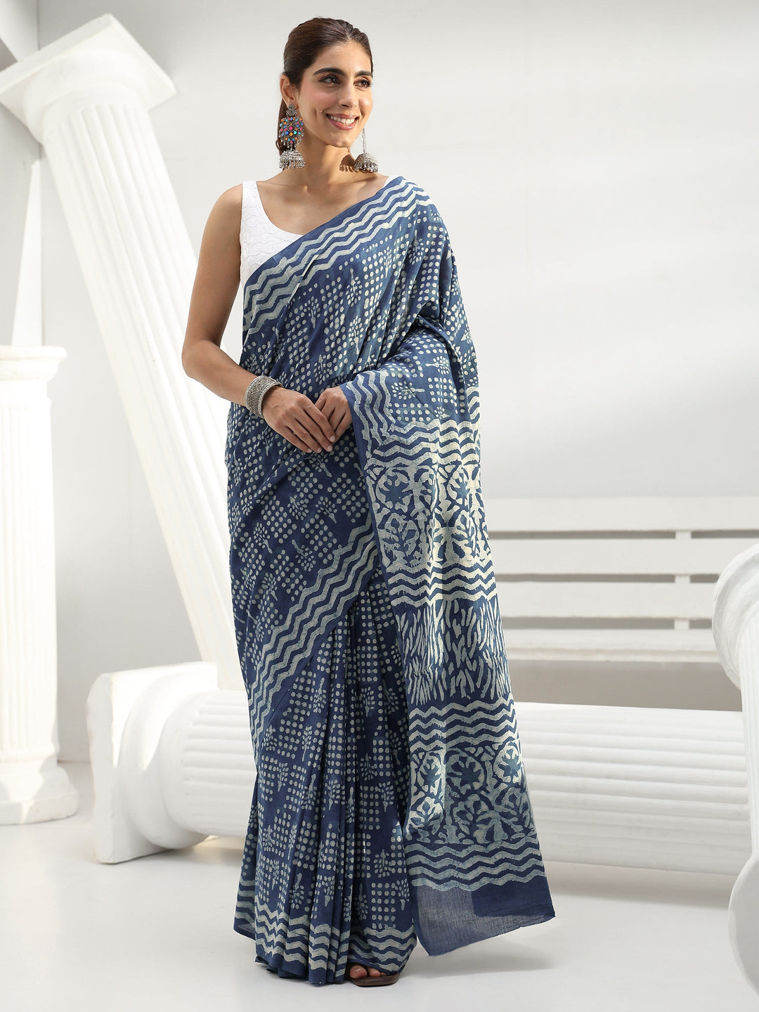  Blue Printed Cotton Saree 