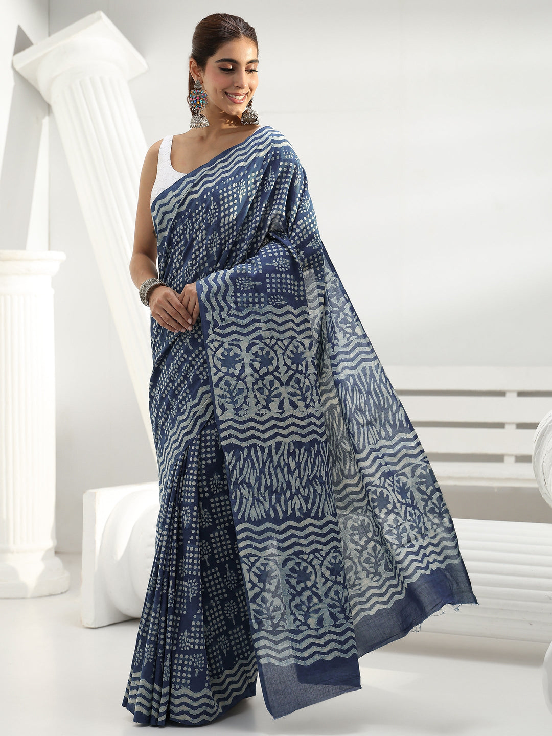  Blue Printed Cotton Saree 