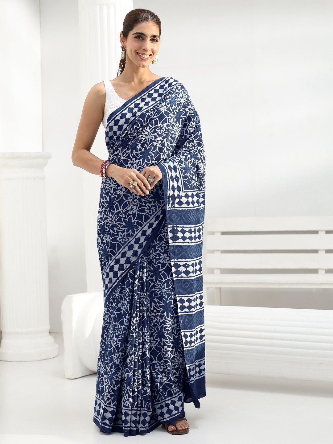  Blue Floral Printed Cotton Saree 