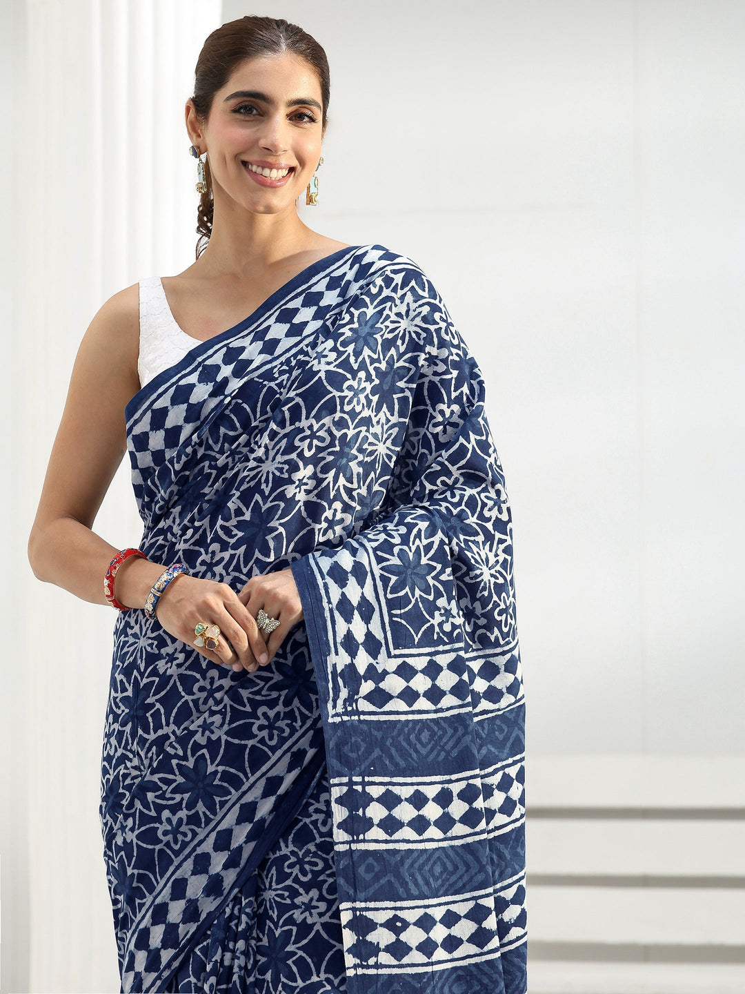  Blue Floral Printed Cotton Saree 