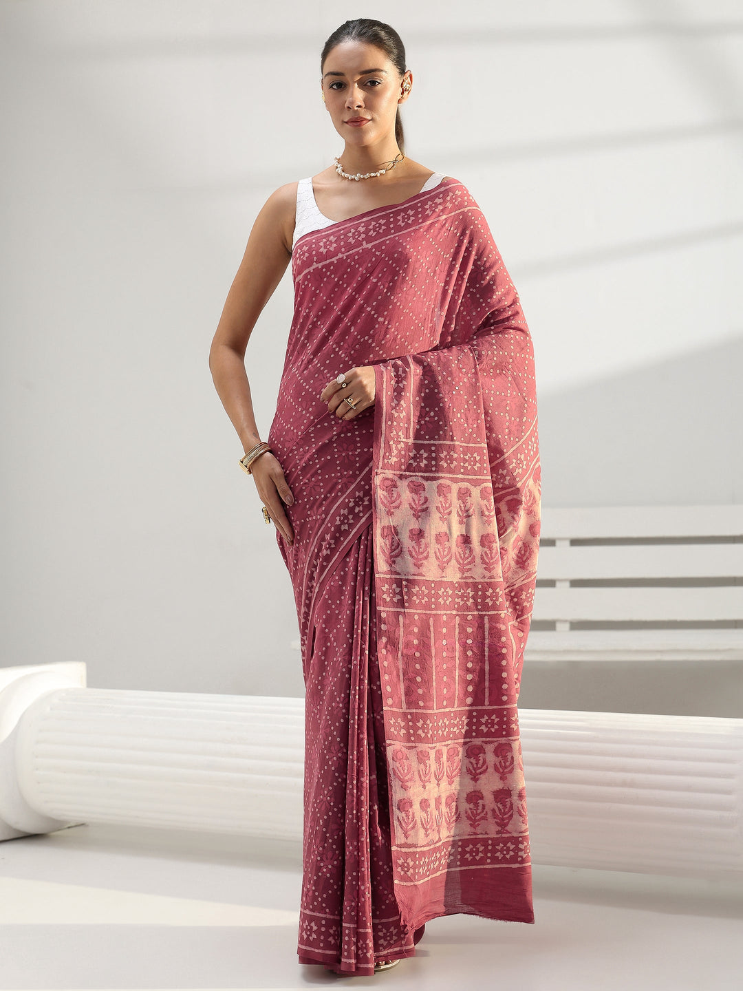  Pink Printed Cotton saree 
