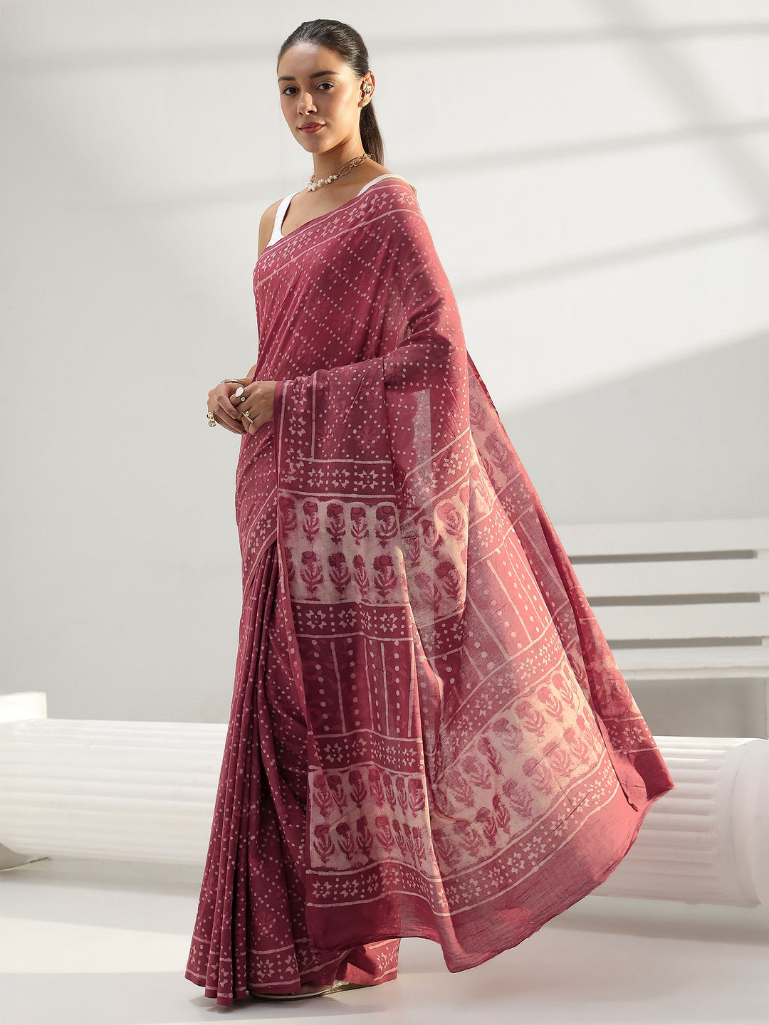  Pink Printed Cotton saree 