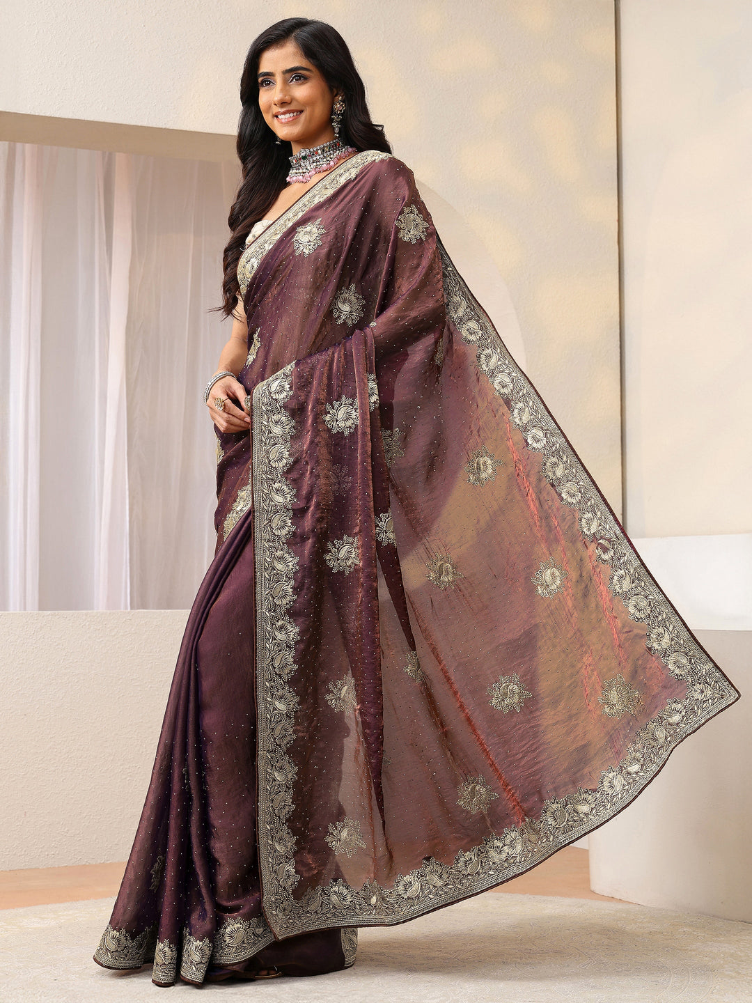  Mauve Floral Embroidered Tissue Saree 