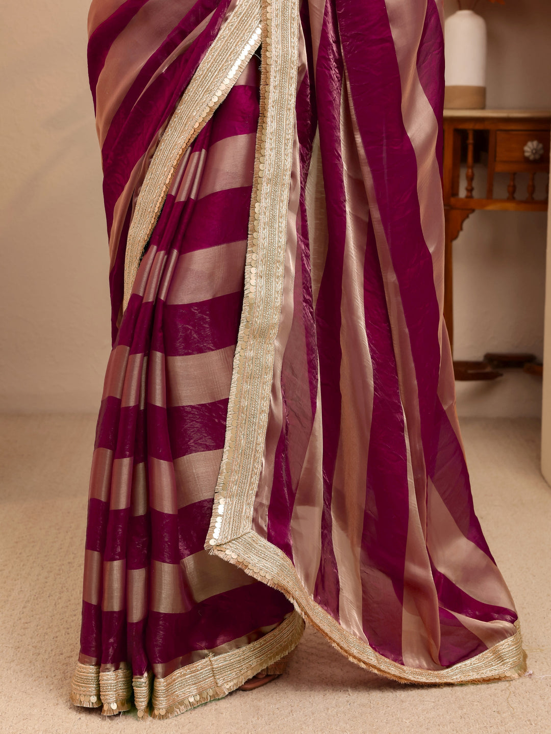  Burgundy Striped Textured Tissue Saree 