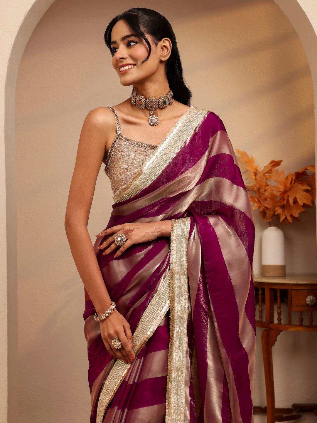  Burgundy Striped Textured Tissue Saree 