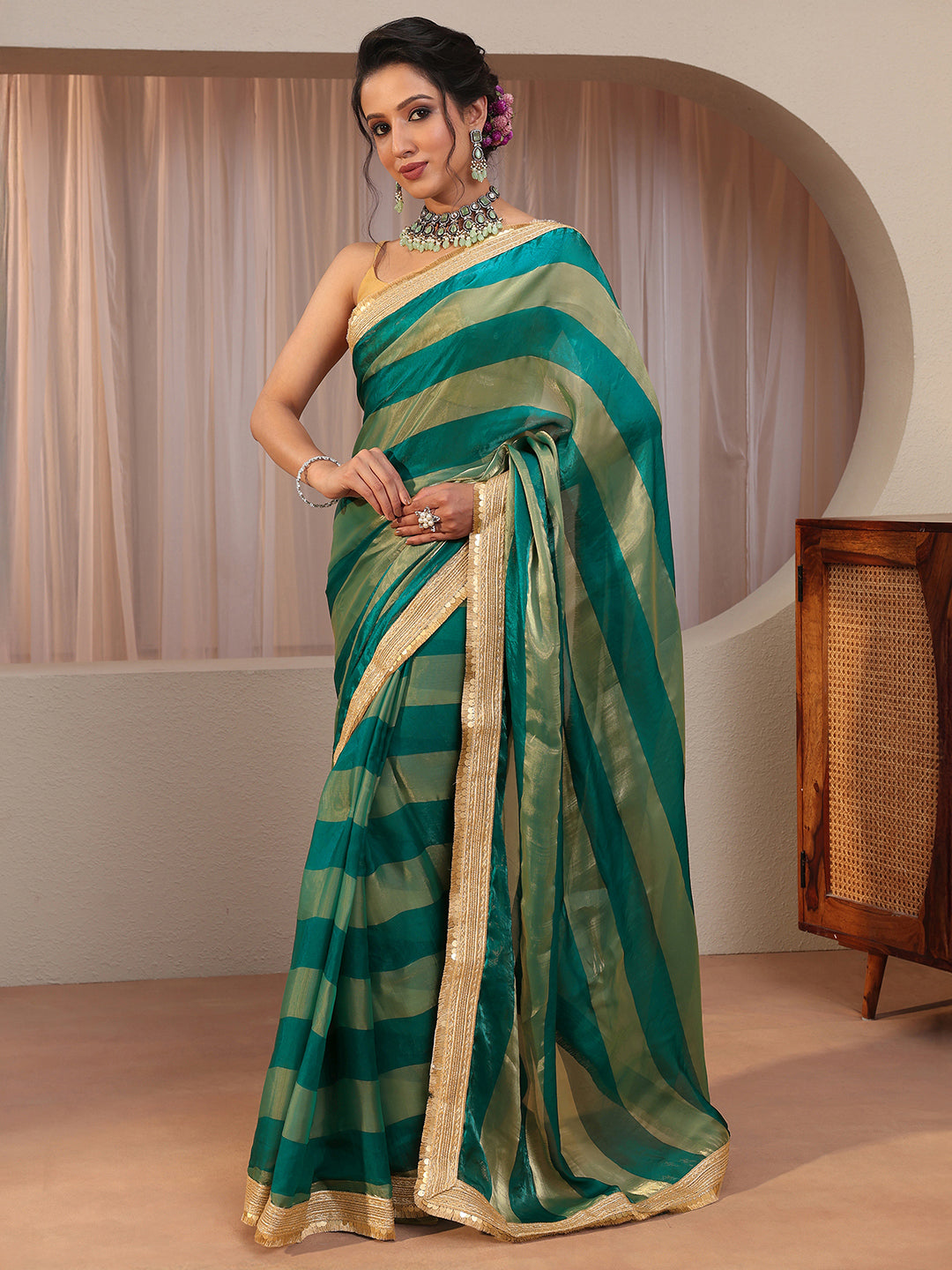  Green Striped Textured Tissue Saree 