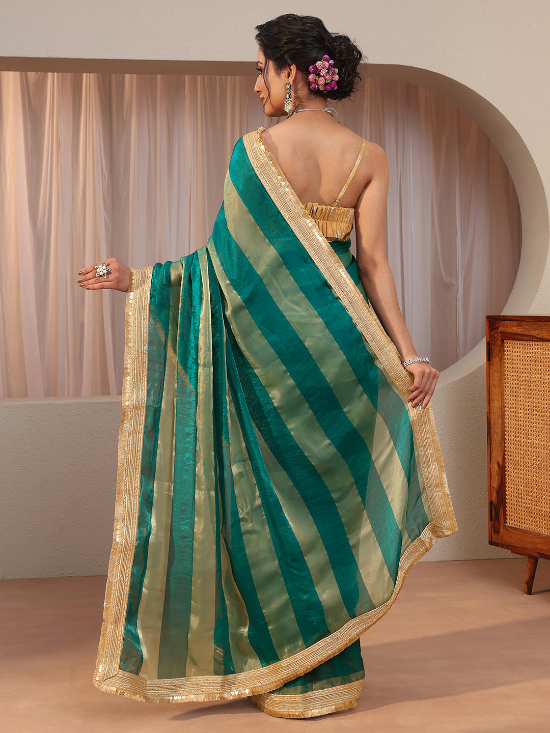  Green Striped Textured Tissue Saree 