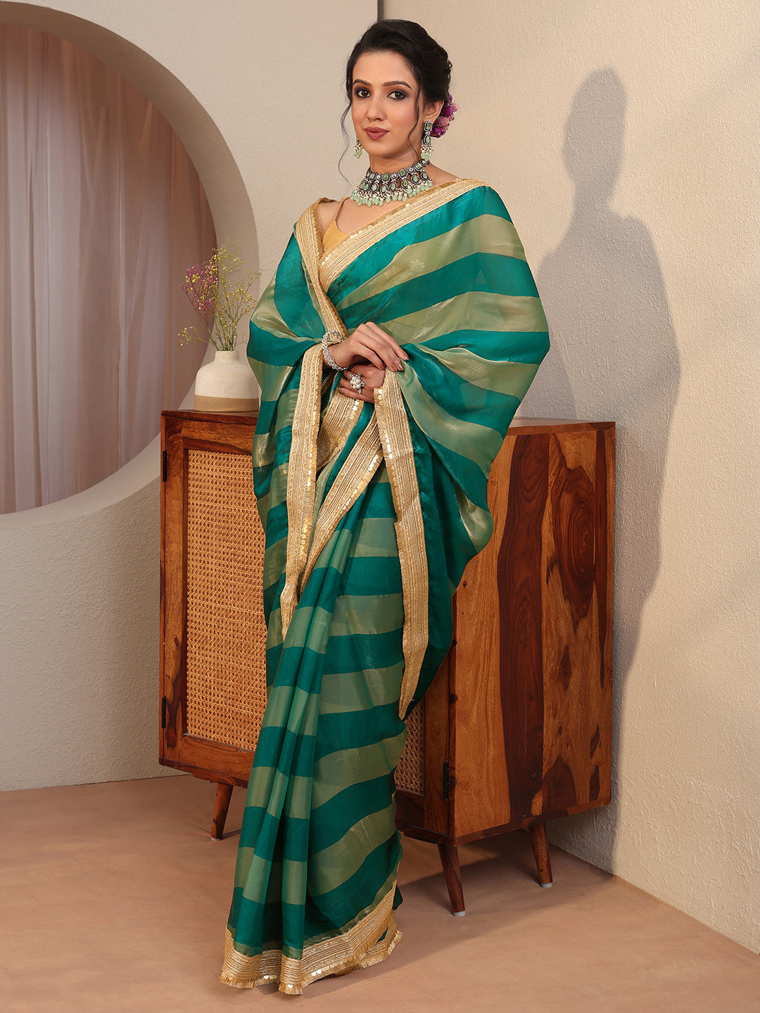 Green Striped Textured Tissue Saree-image-6