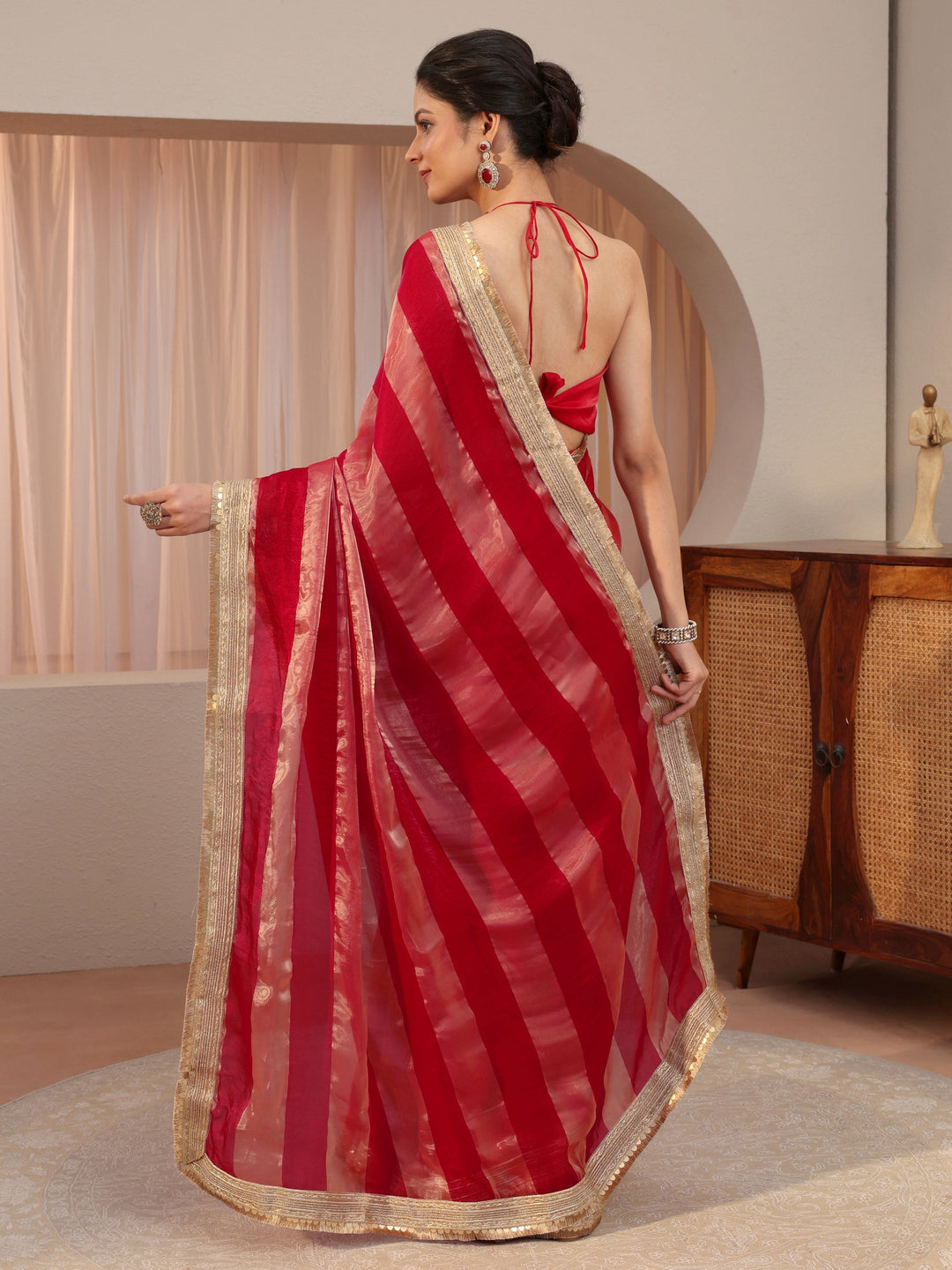  Red Striped Textured Tissue Saree 