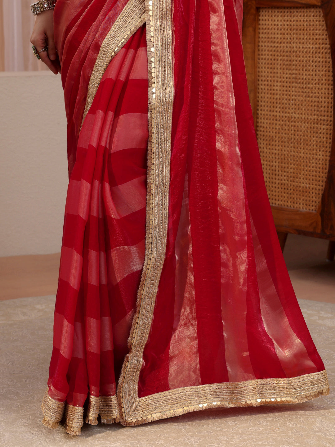  Red Striped Textured Tissue Saree 