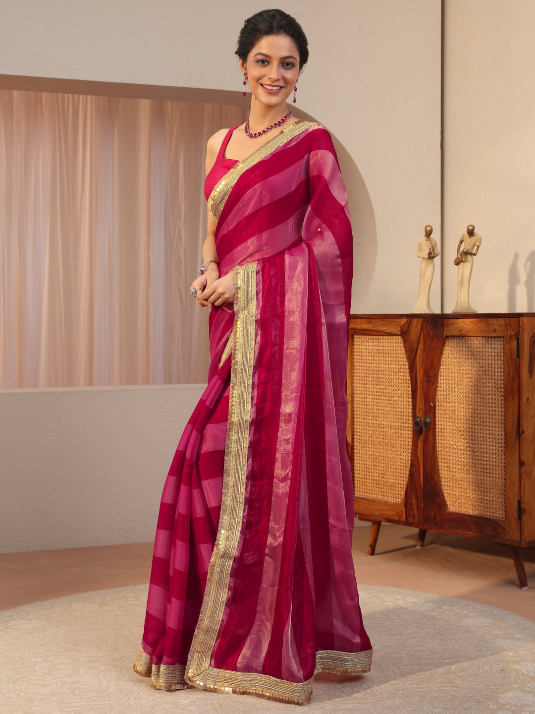  Pink Striped Textured Tissue Saree 
