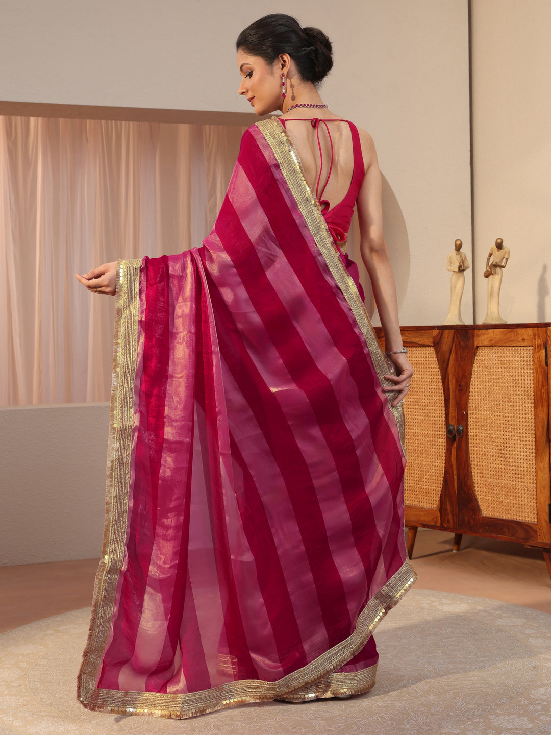  Pink Striped Textured Tissue Saree 