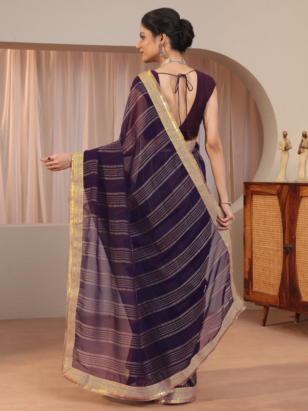  Purple Striped Textured Chiffon Saree 