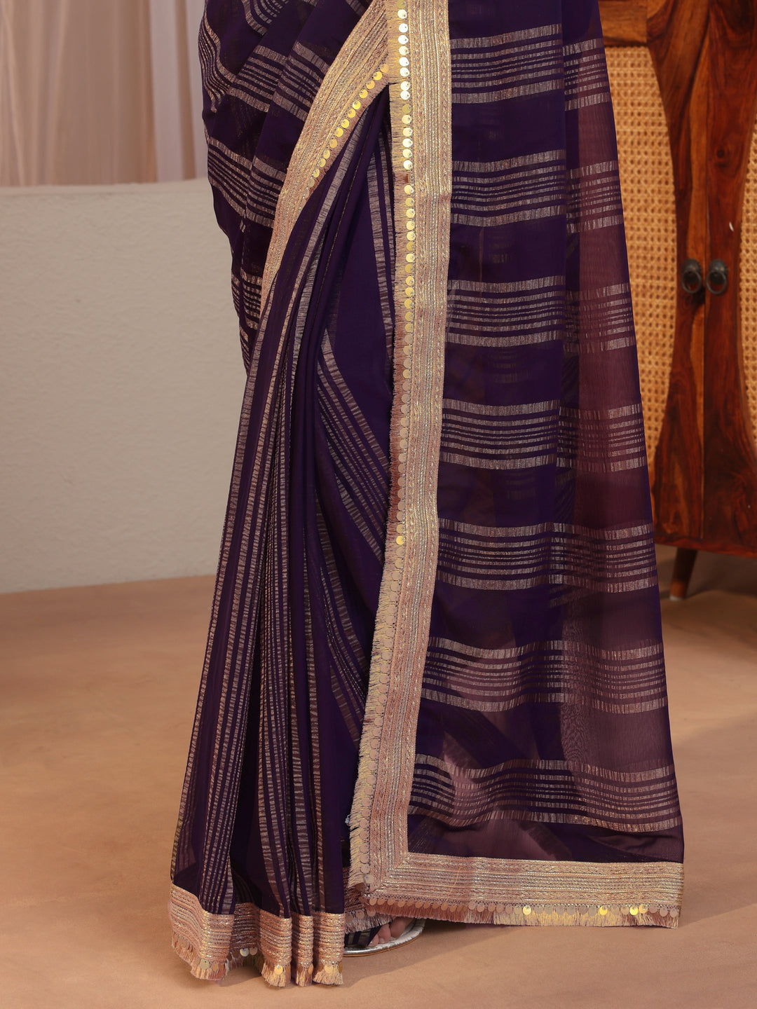  Purple Striped Textured Chiffon Saree 