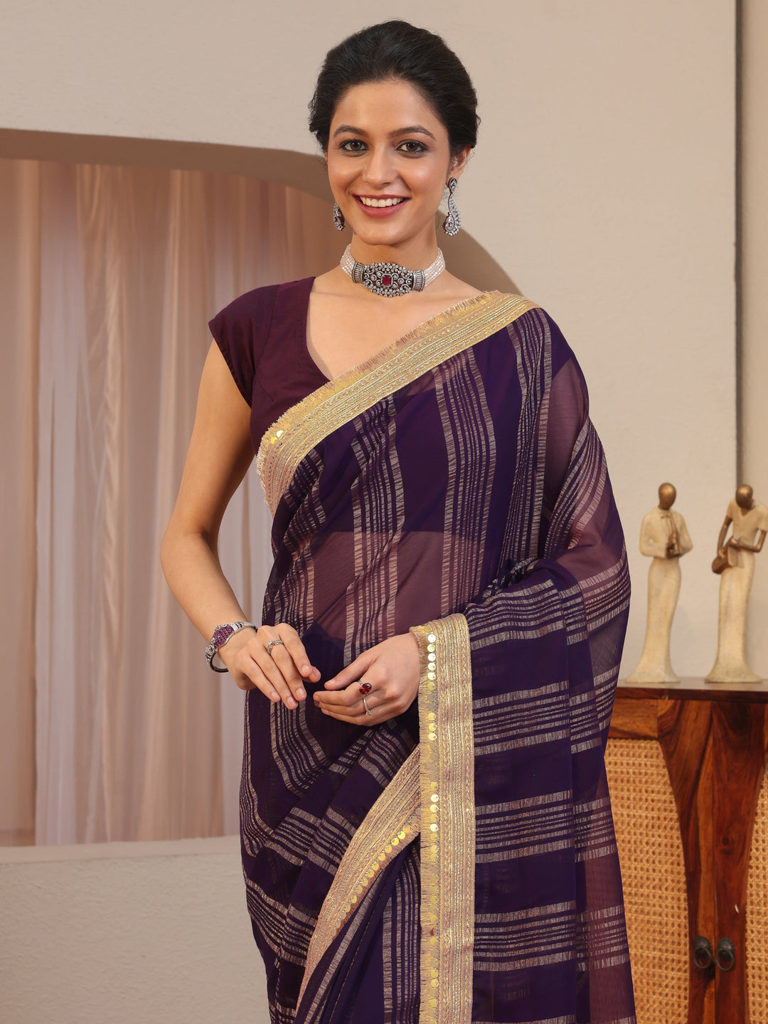  Purple Striped Textured Chiffon Saree 