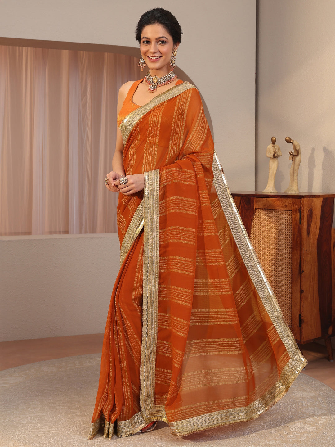  Orange Striped Textured Chiffon Saree 