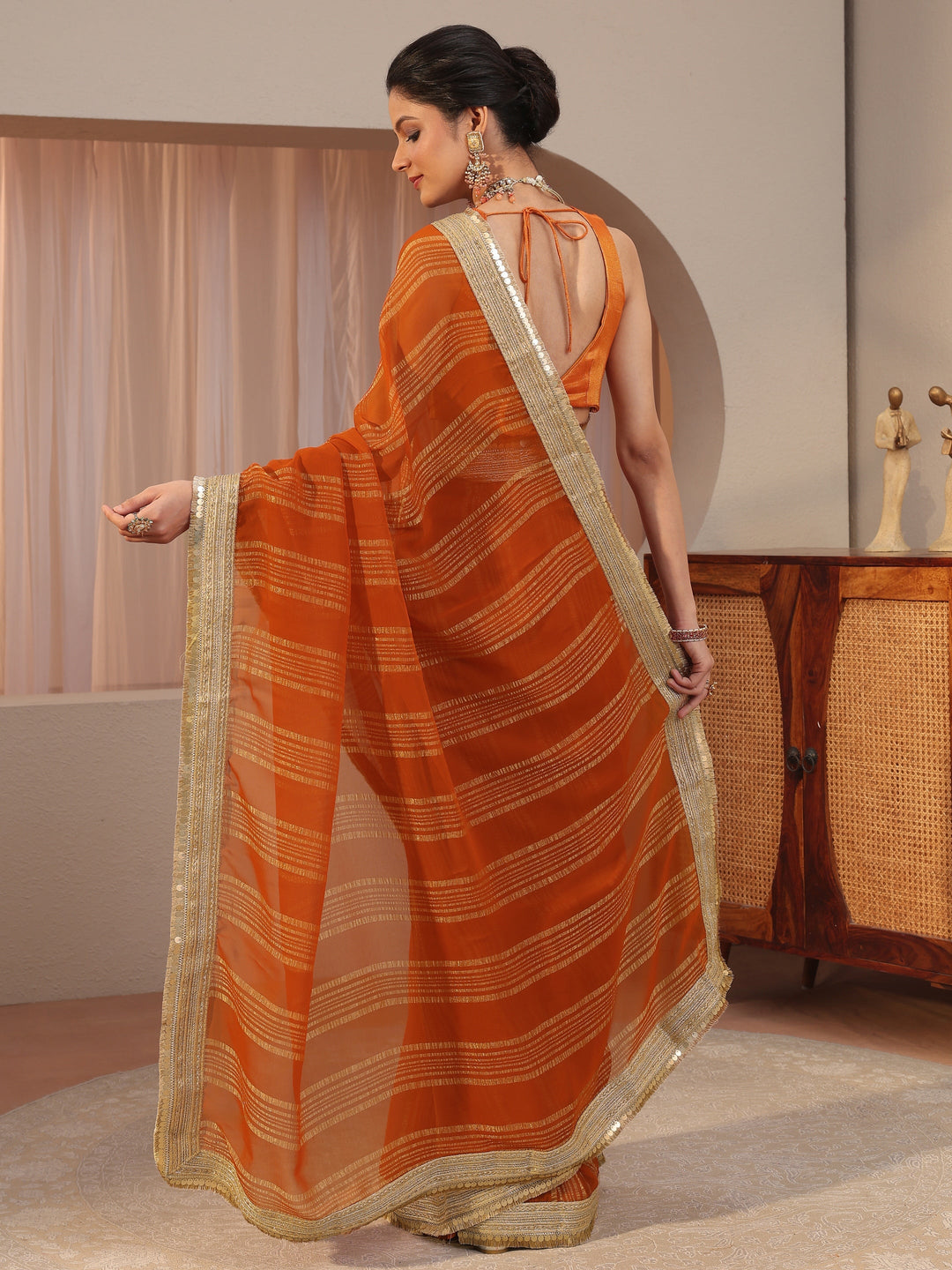  Orange Striped Textured Chiffon Saree 