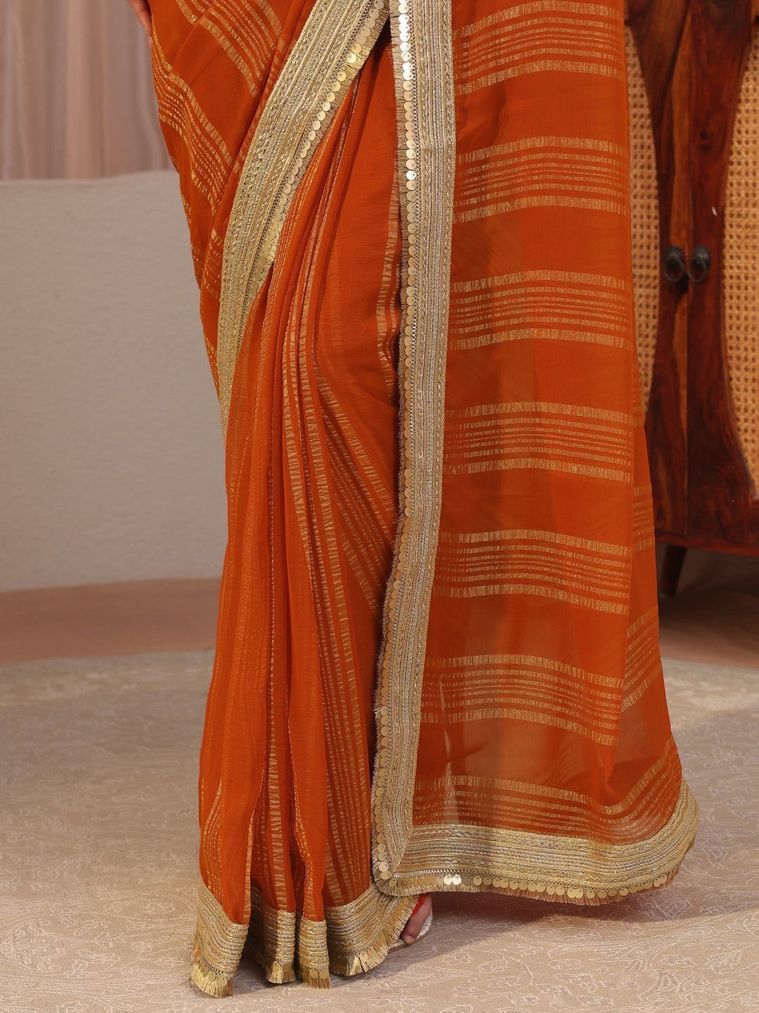  Orange Striped Textured Chiffon Saree 