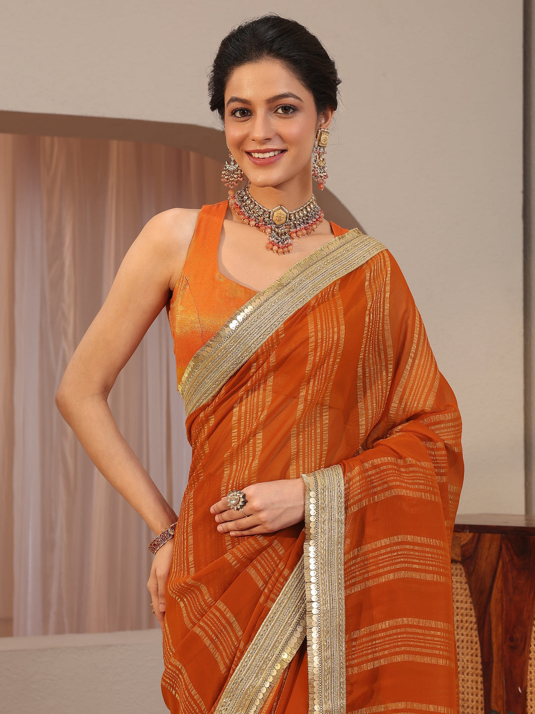 Orange Striped Textured Chiffon Saree 