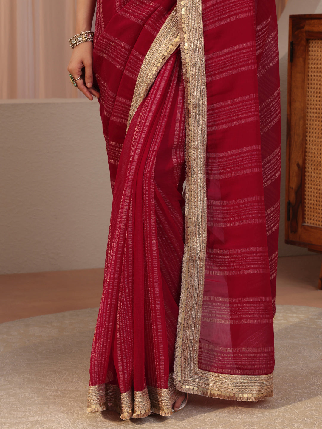  Red Striped Textured Chiffon Saree 