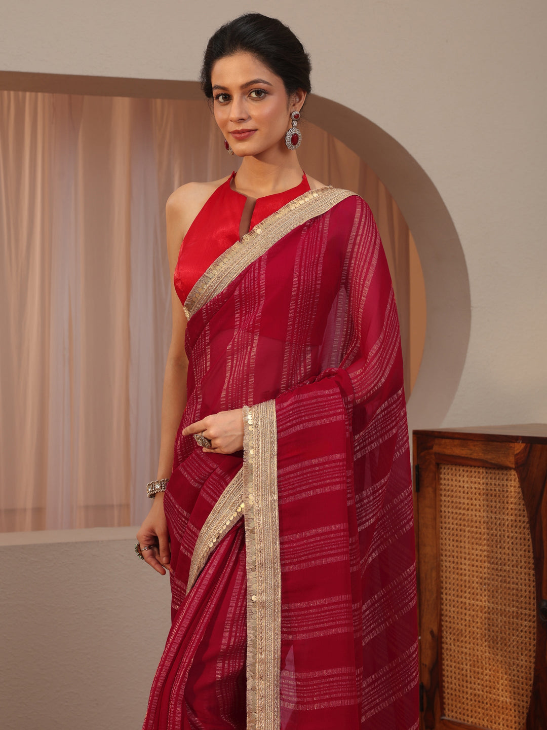  Red Striped Textured Chiffon Saree 