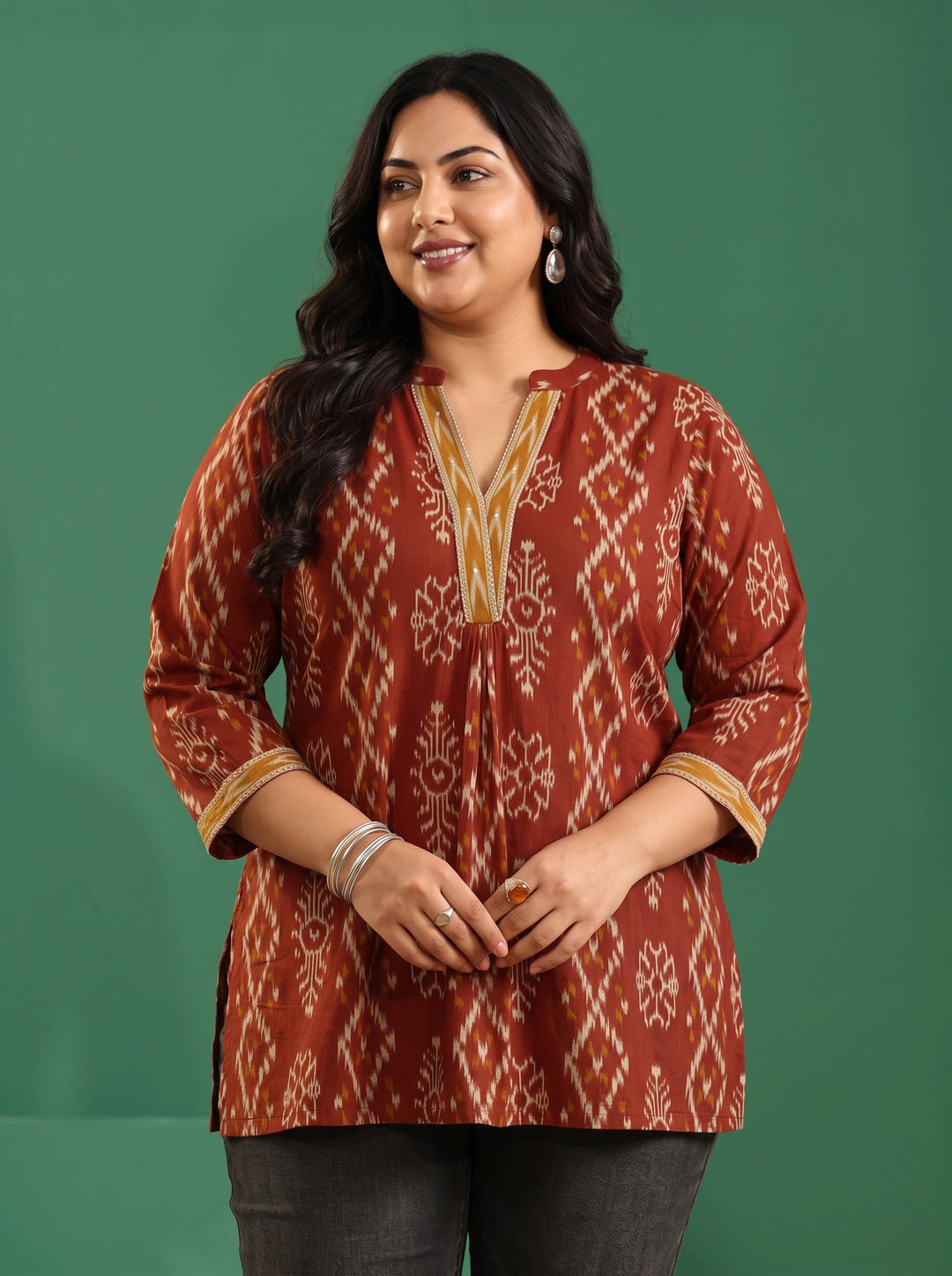  Plus Size Rust Brown Printed Cotton Short Kurti 