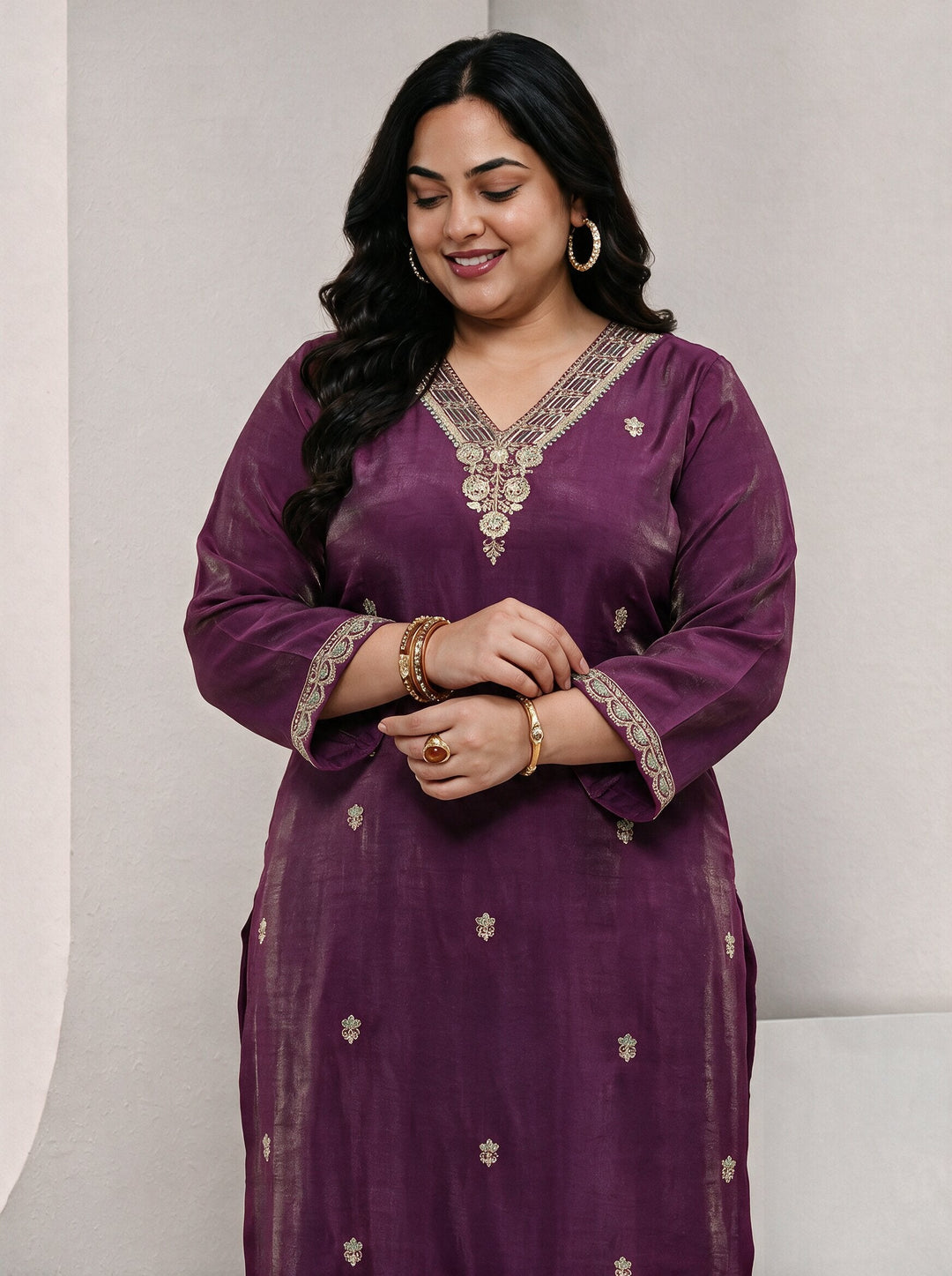  Plus Size Magenta Embroidered Silk Blend Straight Kurta 
