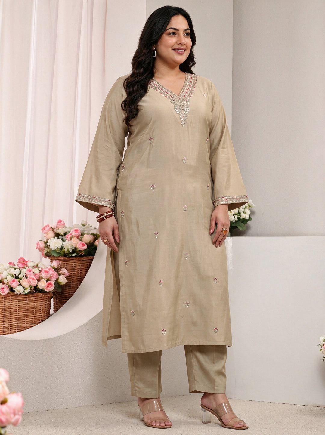  Plus Size Grey Embroidered Silk Blend Straight Kurta 