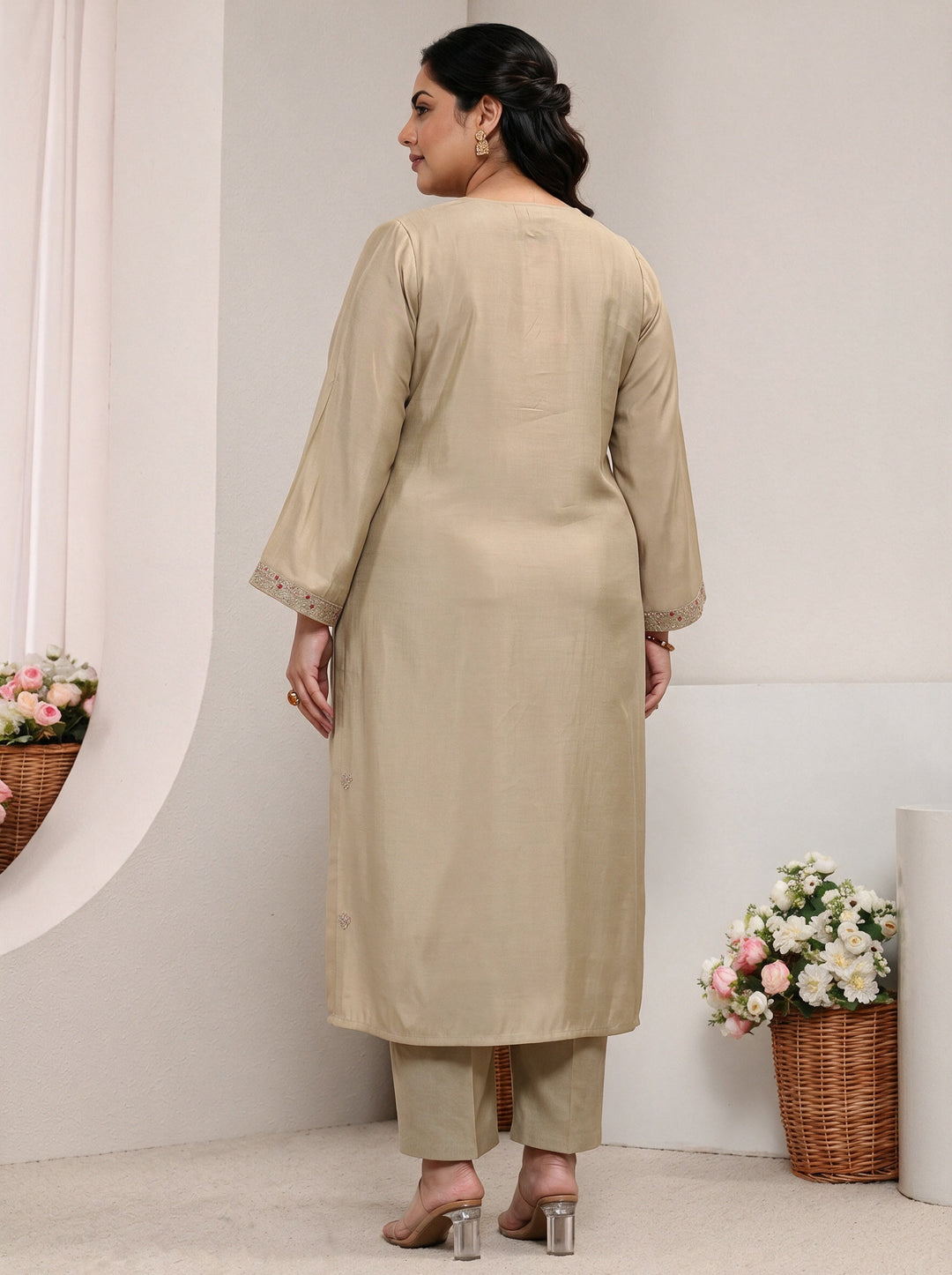  Plus Size Grey Embroidered Silk Blend Straight Kurta 