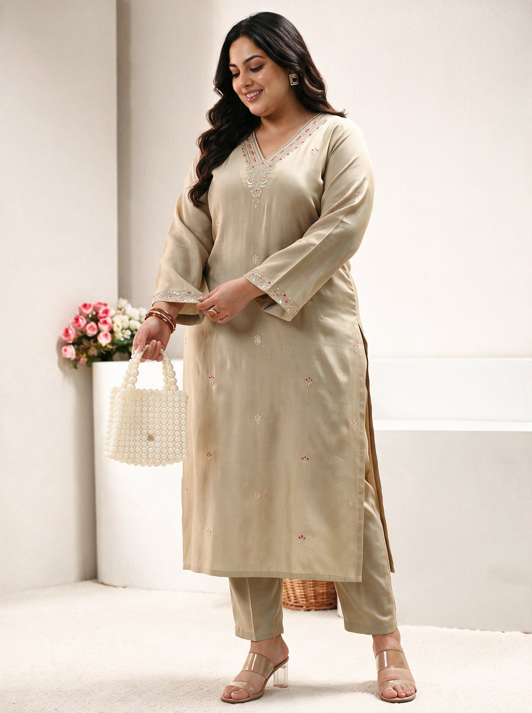  Plus Size Grey Embroidered Silk Blend Straight Kurta 