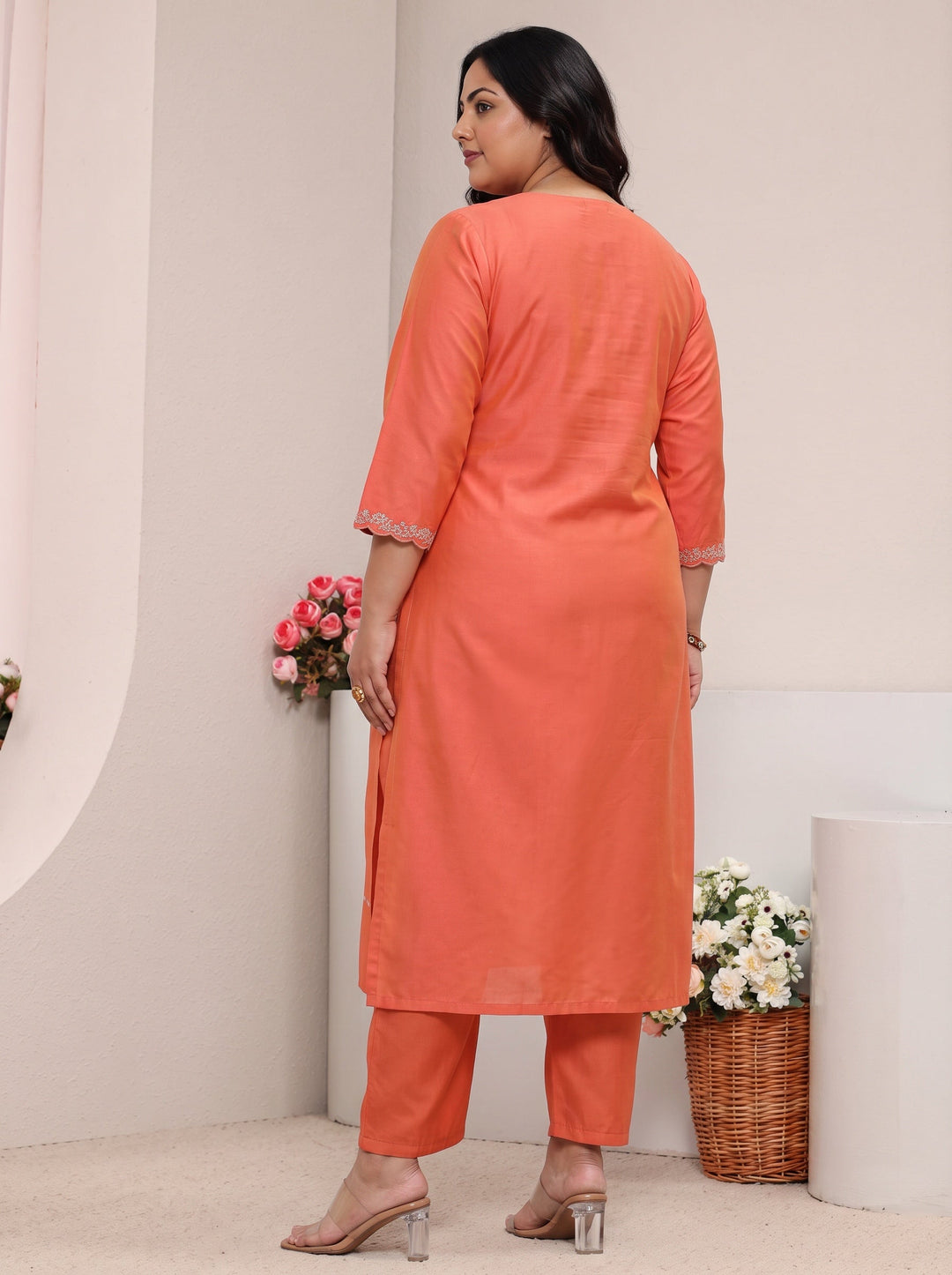  Plus Size Orange Embellished Silk Blend Straight Kurta 