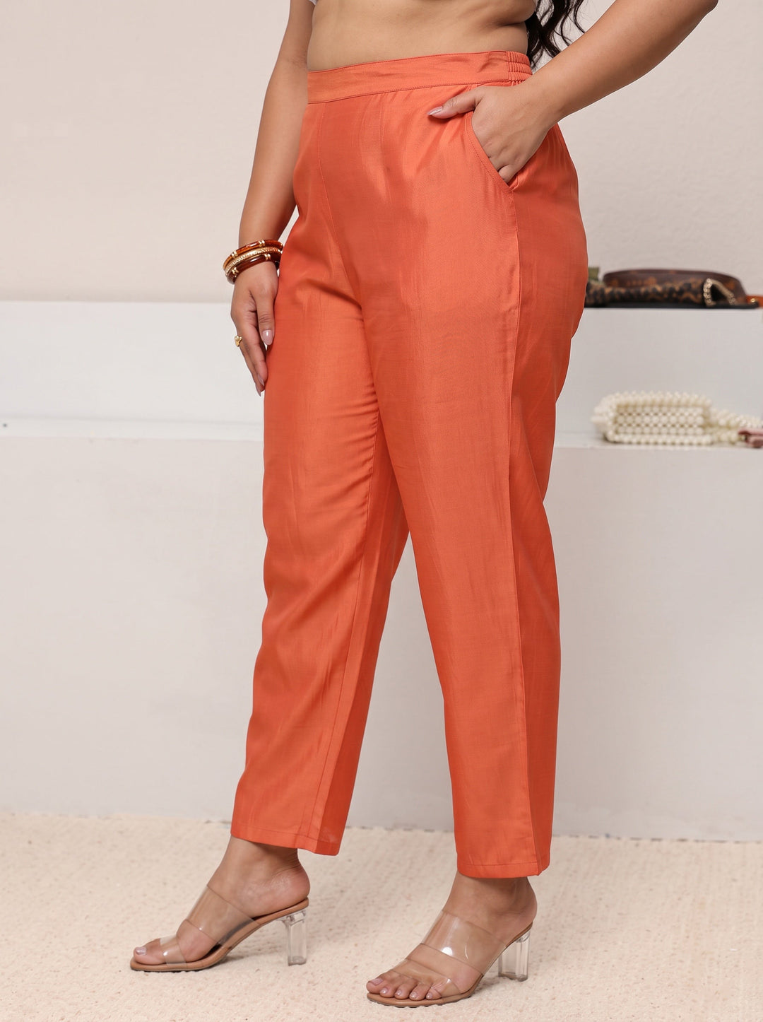  Plus Size Orange Embellished Silk Blend Straight Kurta 