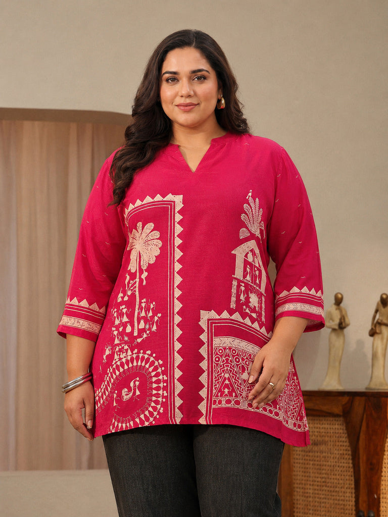Plus Size Vermilion Red Tribal Printed Silk Blend Straight Short Kurti