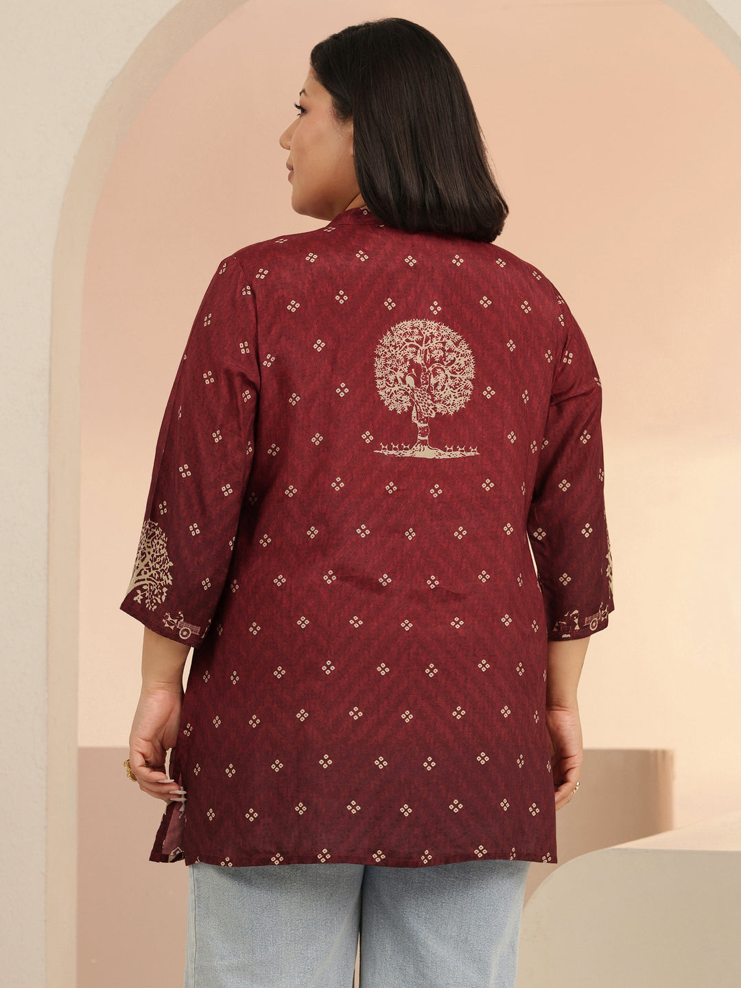  Plus Size Maroon Tribal Printed Muslin Straight Short Kurti 